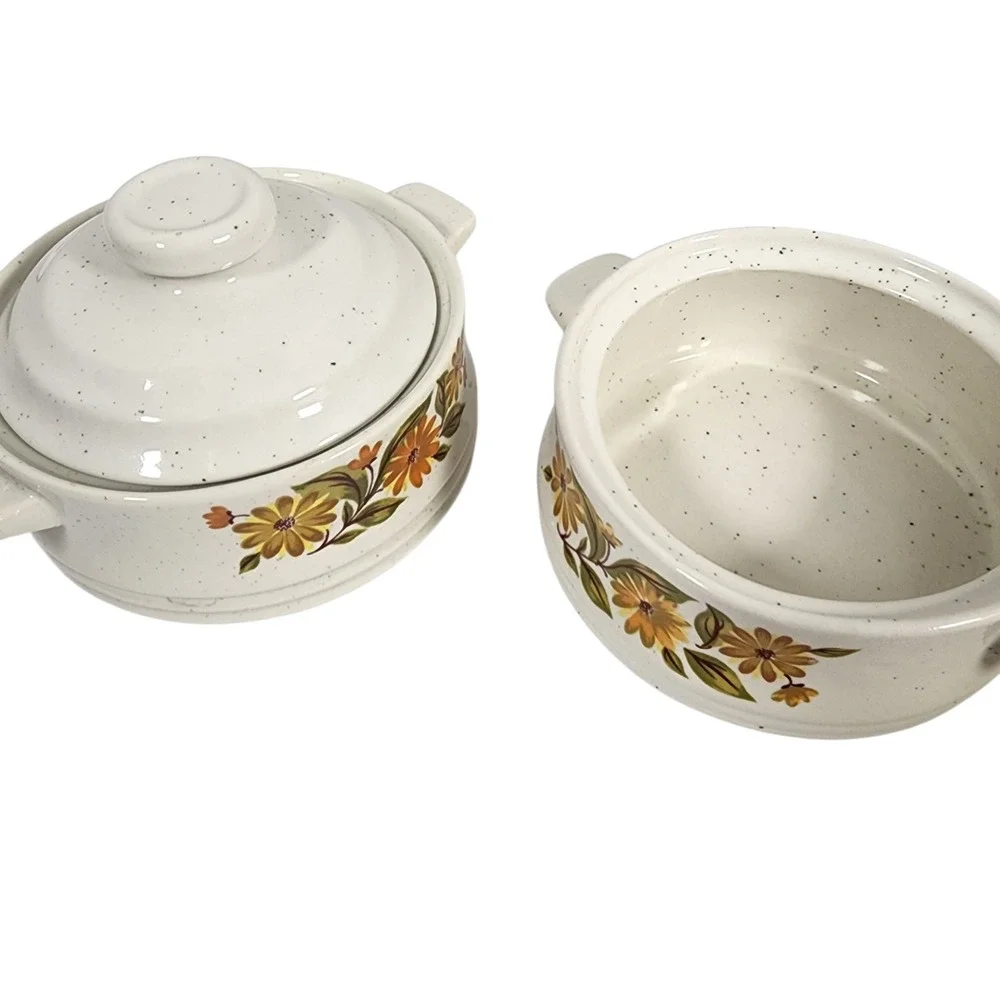 Vintage Bake Serve Store Stoneware Casserole‎ Dish Lid Floral Yellow Flower